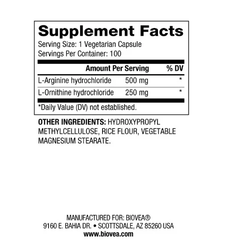 L-Arginine, L-Ornithine 750mg - Аргинин + Орнитин - Biovea