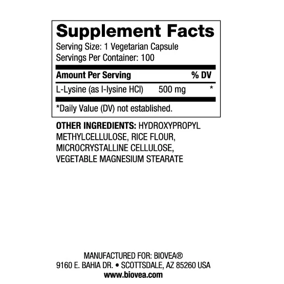 L-Lysine 500mg - Лизин, Разфасовка 100 caps - Biovea