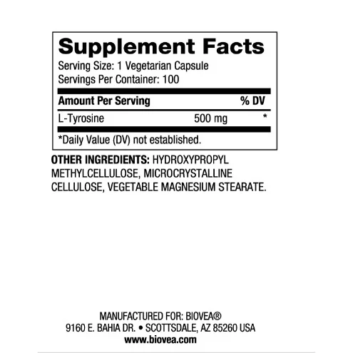 L-Tyrosine 500mg - Тирозин, Разфасовка 100 caps - Biovea
