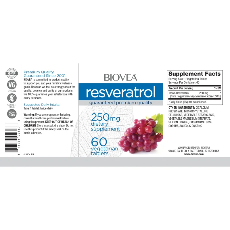 Resveratrol 250mg - Ресвератрол, Разфасовка 60 tabs - Biovea