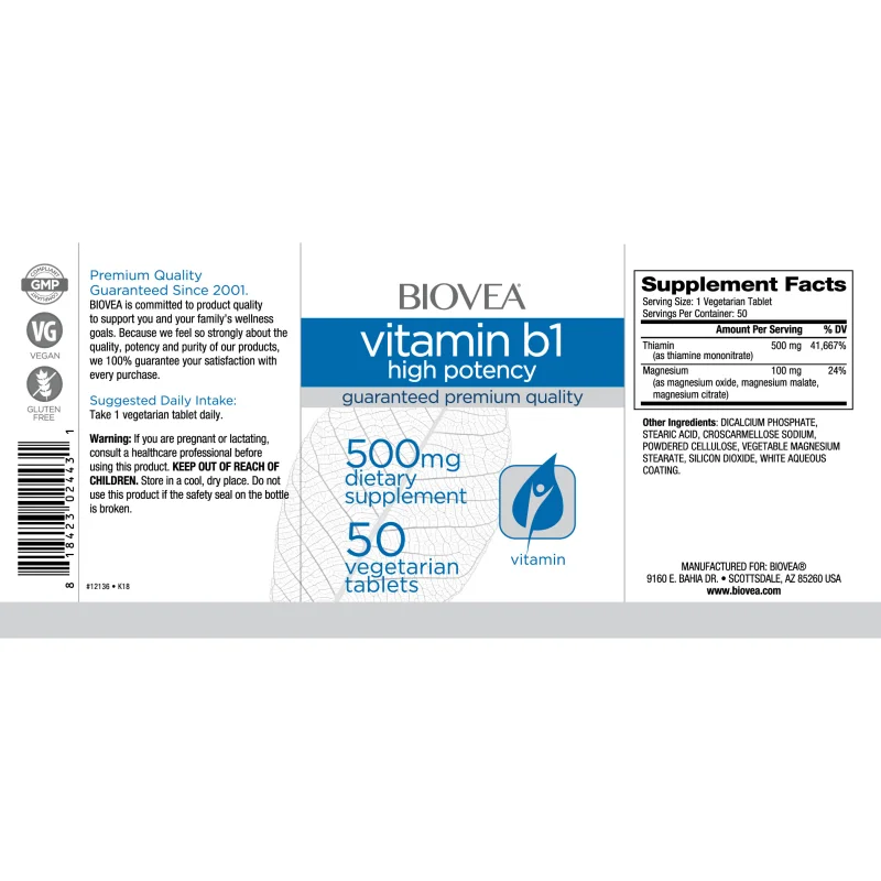 Vitamin B1 - High Potency - Витамин B1, Разфасовка 50 tabs - Biovea