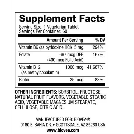 Vitamin B12 1000 Methylcobalamin Fast Dissolve - Витамин B12, Разфасовка 100 tabs - Biovea