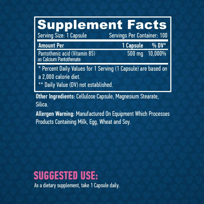 Pantothenic Acid 500 mg / 100 Vcaps - Haya Labs