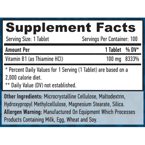 Vitamin B-1 / Thiamine / 100 mg / 100 Tabs - Haya Labs