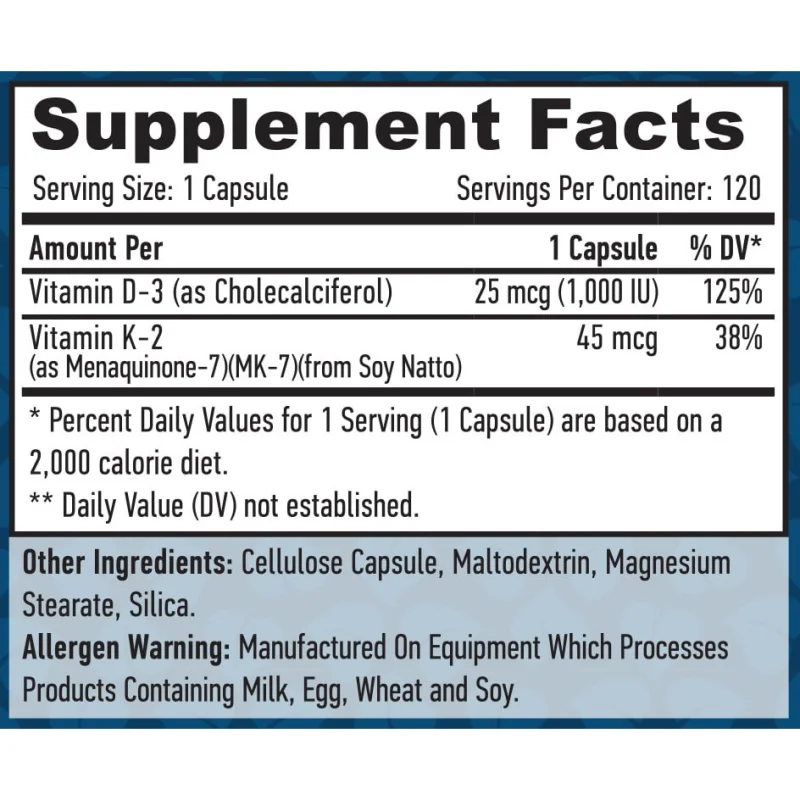 Vitamin D-3 1000 IU & МK-7 45 mcg / 120 Vcaps (120 дози) - Haya Labs
