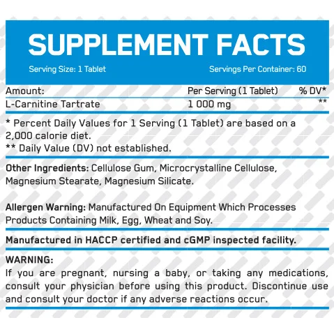 L-Carnitine 1000 mg / 60 Tabs (60 дози) / 60g - Everbuild