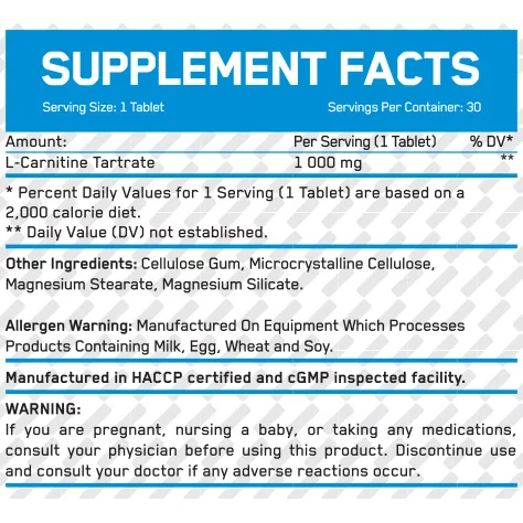 L-Carnitine 1000 mg / 30 Tabs (30 дози) / 30g - Everbuild