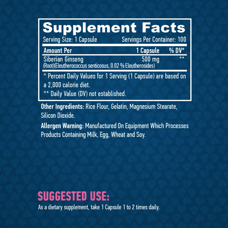 Siberian Ginseng 500 mg / 100 Caps - Haya Labs