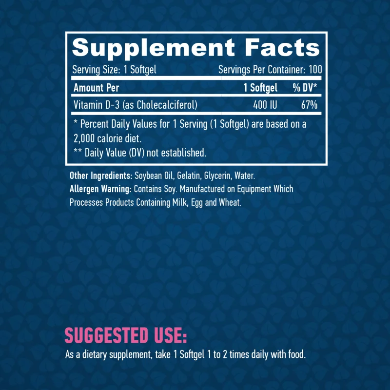 Vitamin D3 / 400 IU / 100 Softgels / 100g - Haya Labs