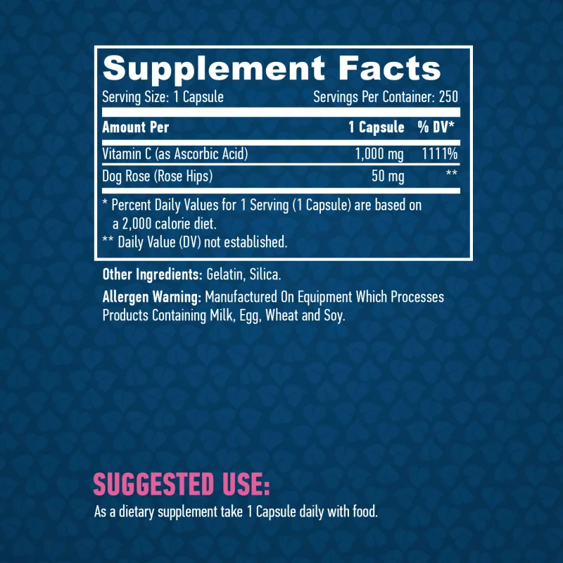 High Potency Vitamin C 1000 mg with Rose Hips / 250 Caps / 250g - Haya Labs