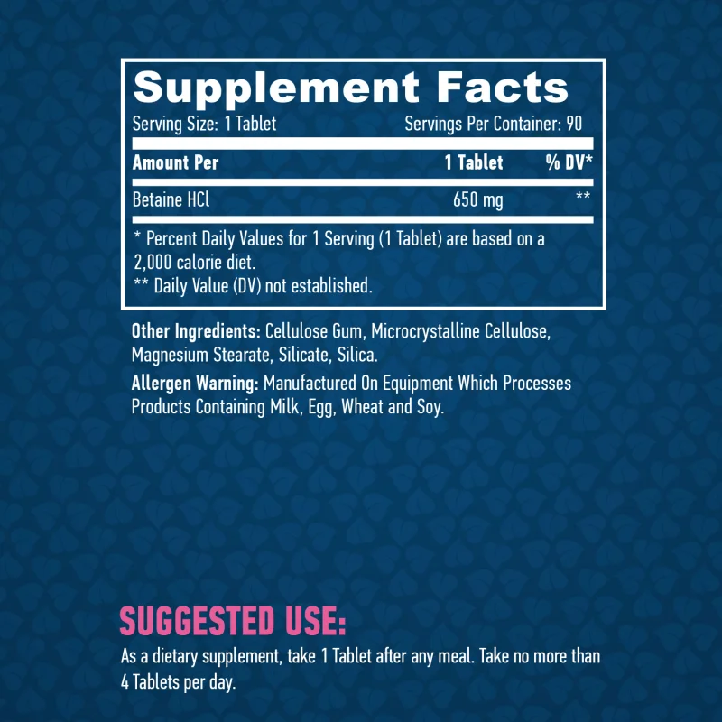 Betaine HCL 650 mg / 90 Tabs - Haya Labs