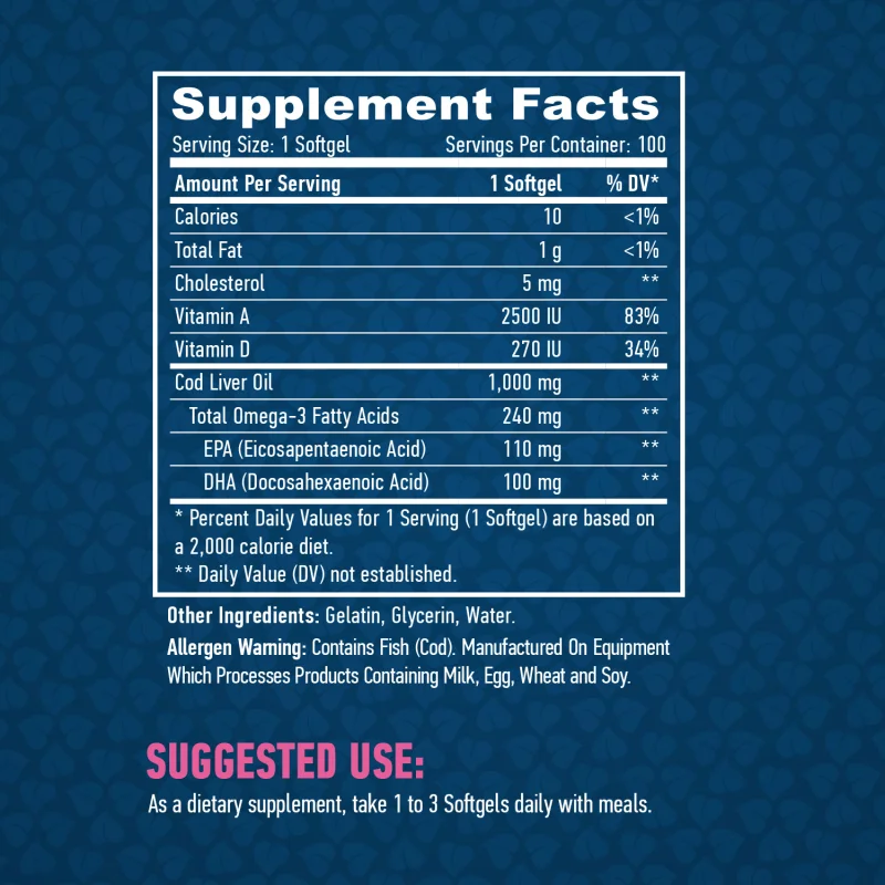 Cod Liver Oil 1000 mg / 100 Softgels - Haya Labs