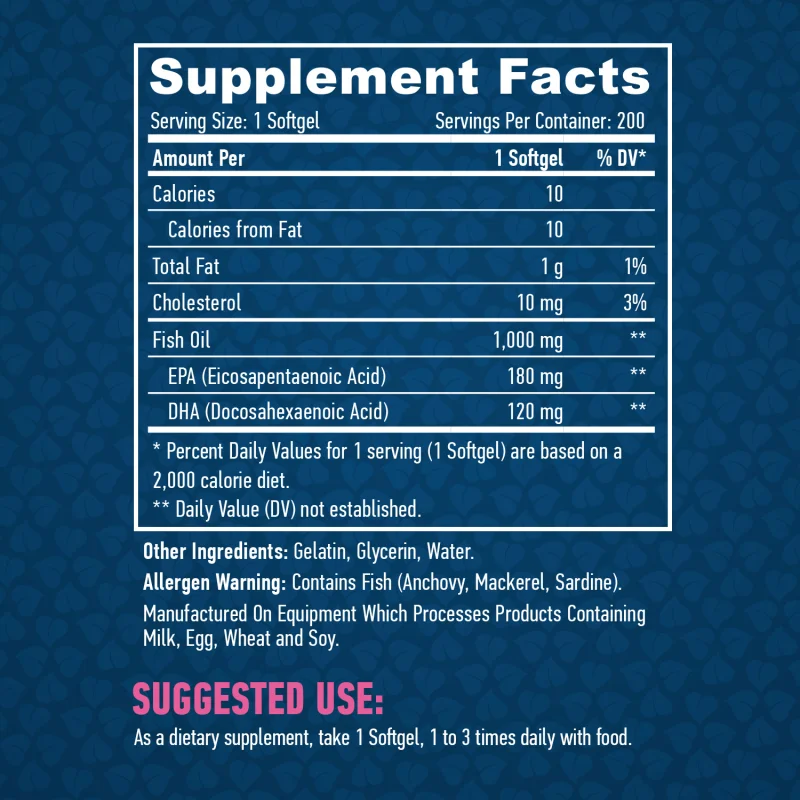 Omega 3 1000 mg Fish Oil / 200 Softgels / 200g - Haya Labs