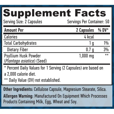 Psyllium Husk 500mg / 100 vcaps - Haya Labs