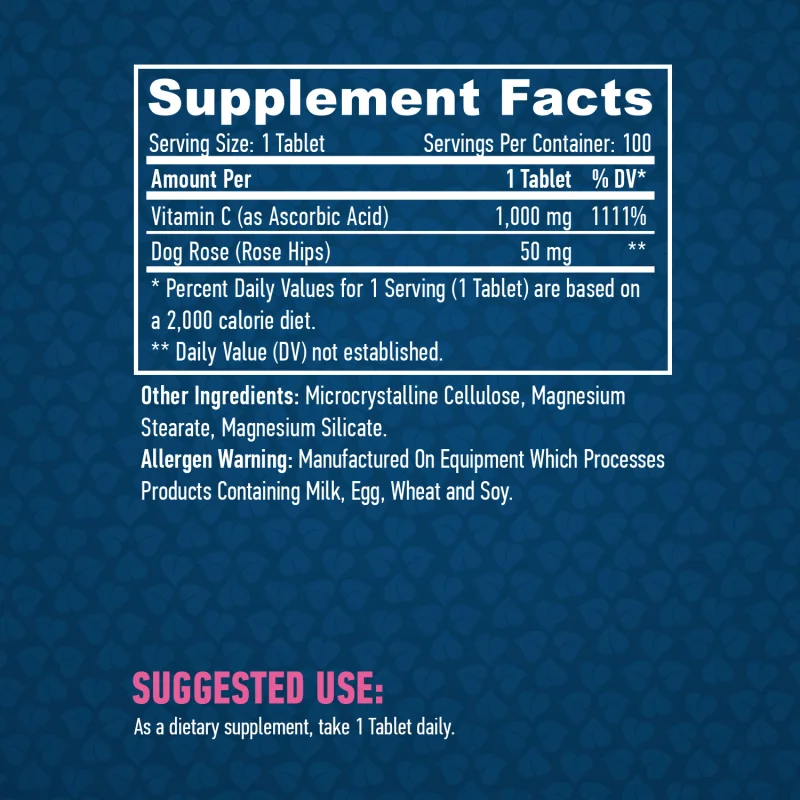 High Potency Vitamin C 1000 mg with Rose Hips / 100 Tabs / 100g - Haya Labs