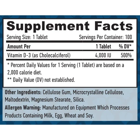 Vitamin D3 / 4000 IU / 100 Tabs / 100g - Haya Labs