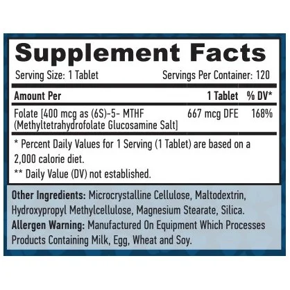Methyl Folate 400 mcg (5-MTHF) / 120 Tabs - Haya Labs