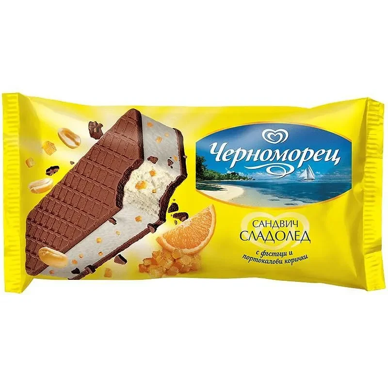 Сладолед ЧЕРНОМОРЕЦ сандвич с фъстъци и портокалови корички 60 г - ЧЕРНОМОРЕЦ