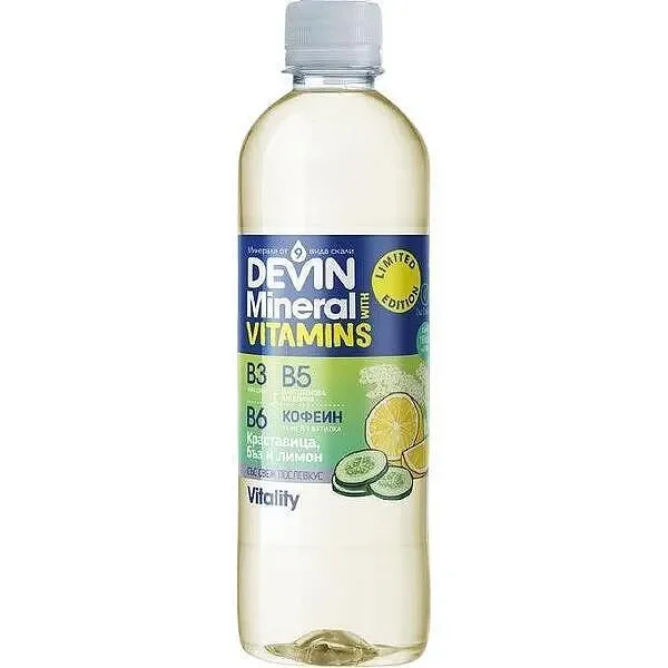 Вода DEVIN VIT с краставица, бъз, лимон и кофеин 425 мл - DEVIN