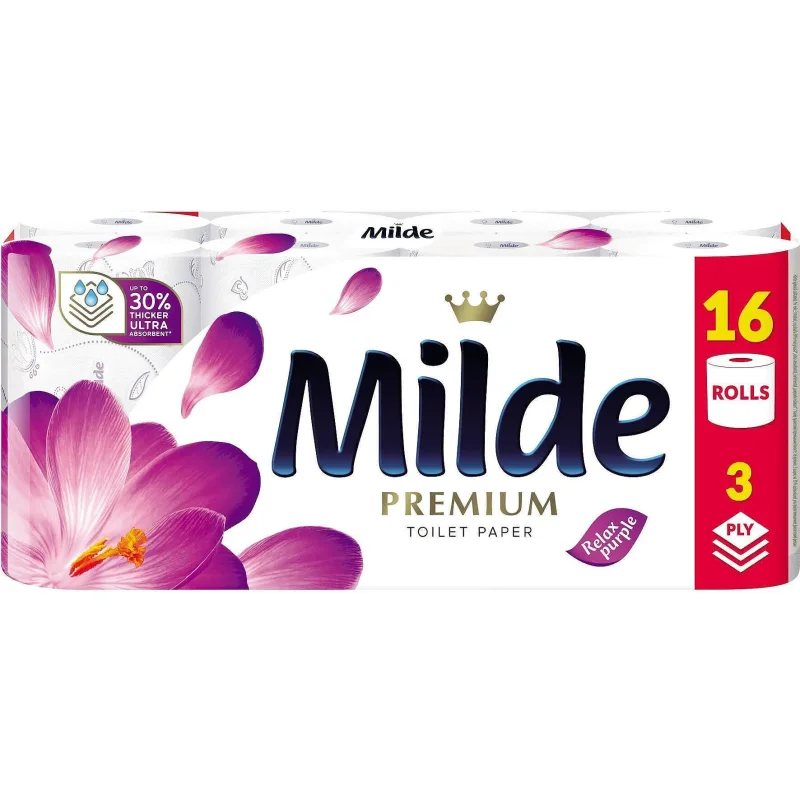 Тоалетна хартия MILDE Relax Purple 100% цел. 3 пл. 16 бр. - Milde