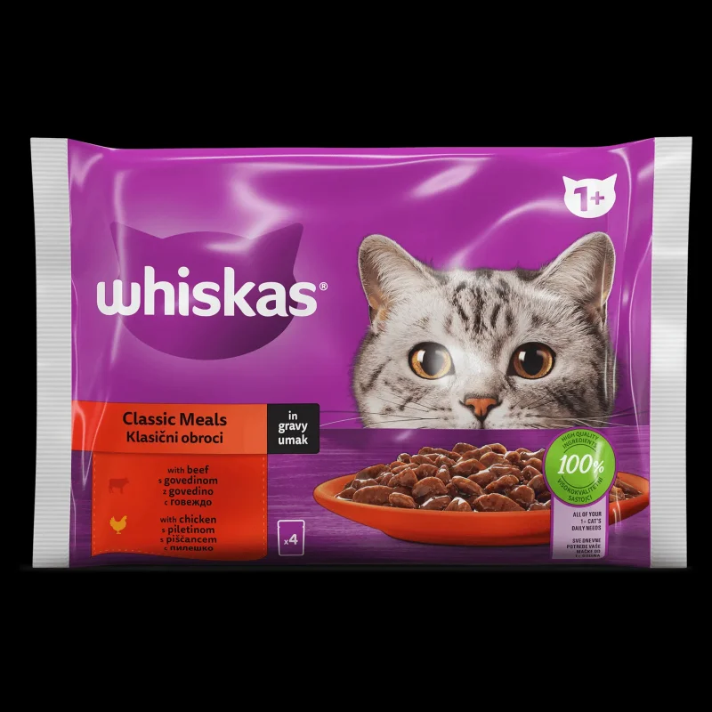 Пауч за котки WHISKAS 1+ Classic Meals с говеждо и пилешко 4x85 гр. - WHISKAS