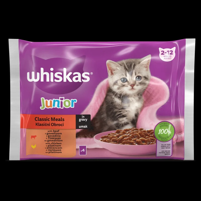 Пауч за котки WHISKAS Junior Classic Meals с говеждо и пилешко 4x85 гр. - WHISKAS