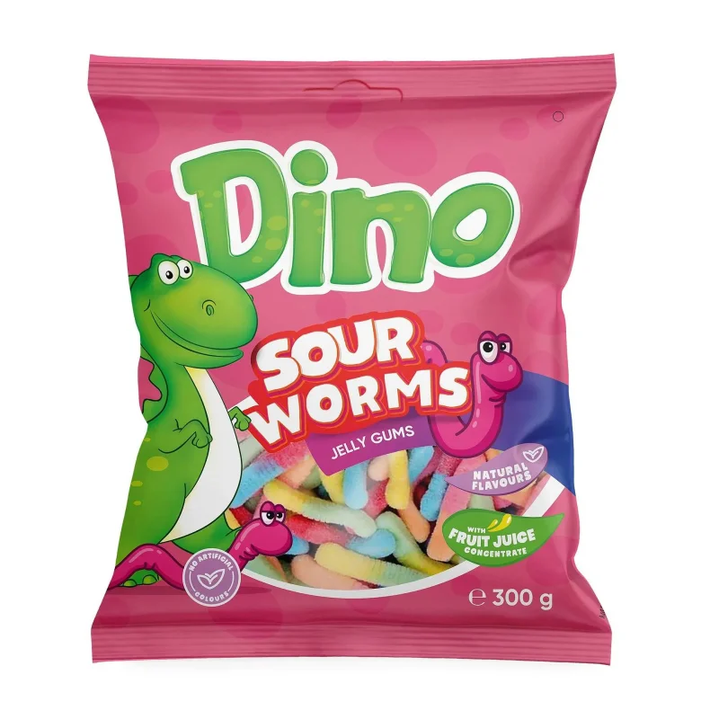 Желирани бонбони DINO Sour Neon червеи 300 гр. - DINO