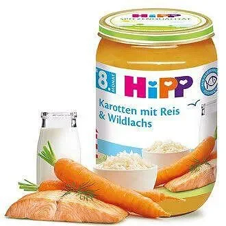 Hipp био пюре моркови с ориз и дива сьомга 8М+ 220 гр
