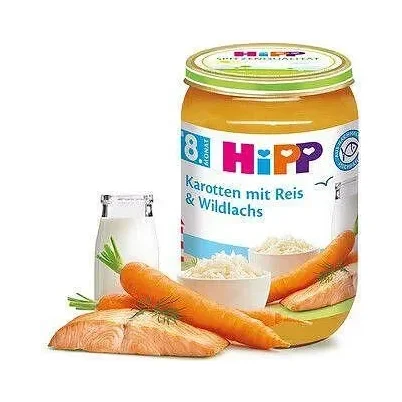 Hipp био пюре моркови с ориз и дива сьомга 8М+ 220 гр - HIPP