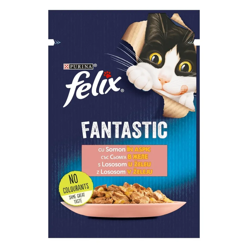 PURINA® FELIX® Fantastic за котки в зряла възраст, Грил в Желе, Сьомга, Мокра храна, Пауч, 85g - FELIX