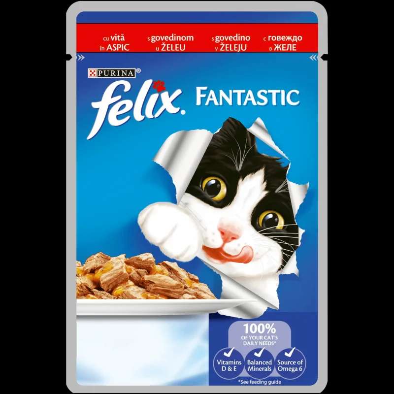 PURINA® FELIX® Fantastic за котки в зряла възраст, Грил в Желе, Говеждо, Мокра храна, Пауч, 85g - FELIX
