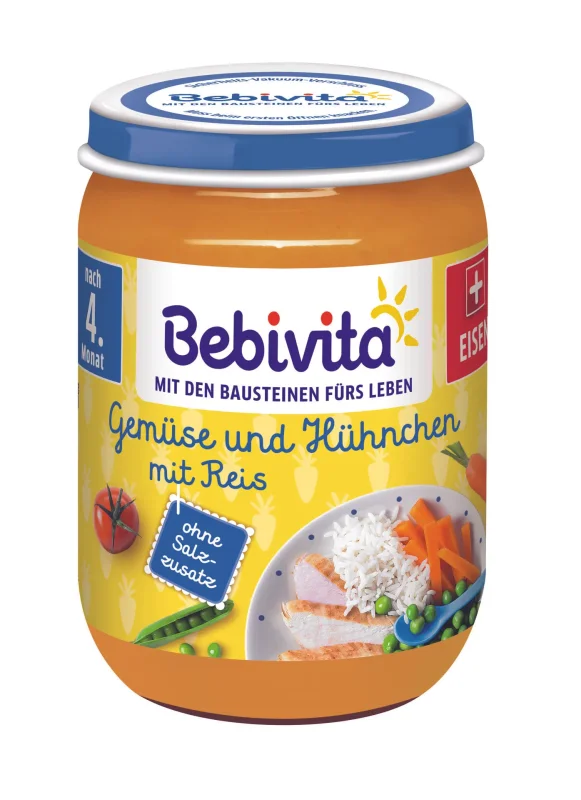 Пюре BEBIVITA ориз, зеленчуци и пиле 4+ месеца 190 г - BEBIVITA