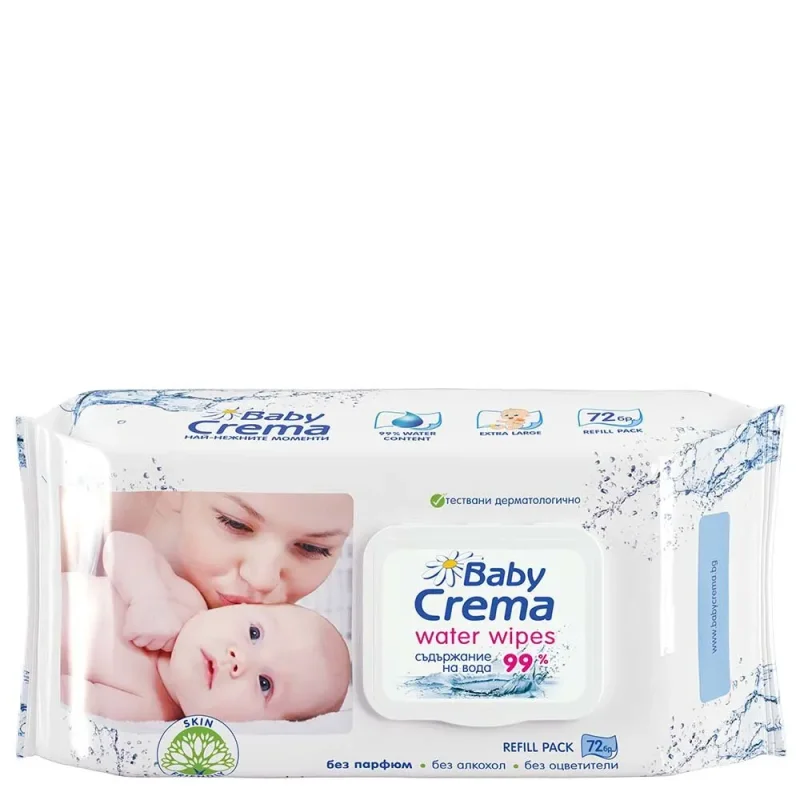 Мокри кърпи BABY CREMA с капак 99% вода 72 броя - BABY CREMA