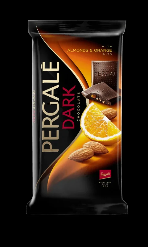 Шоколад PERGALE черен с карамелизирани бадеми и портокал 93 г - PERGALE