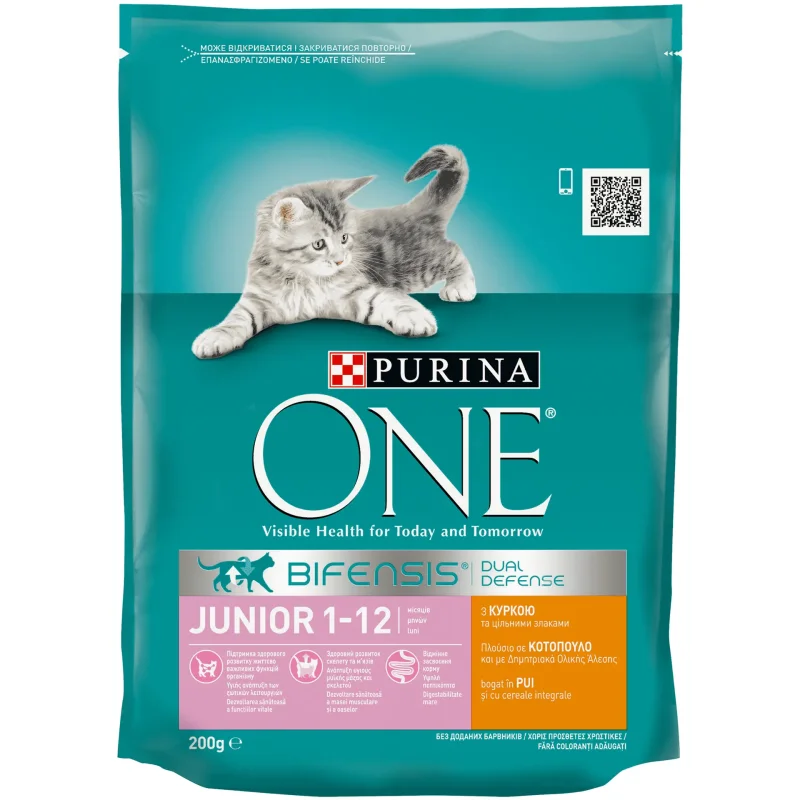 Суха храна котки ONE JUNIOR Пилe & Пшеница 200 г - PURINA ONE