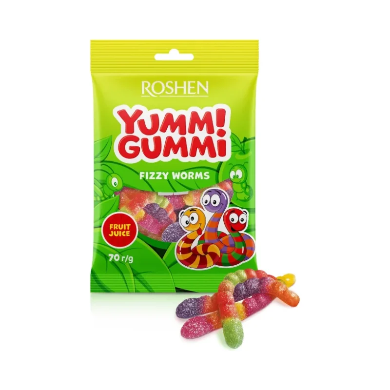 Желирани бонбони YUMMI GUMMI Fizzy Worms Fruit Juice 70 г - ROSHEN