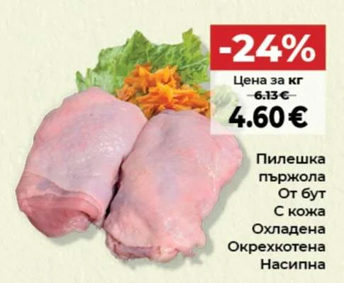Пилешка пържола От бут С кожа Охладена Окрехкотена Насипна