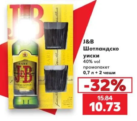 J&B Шотландско уиски 40% vol промопакет 0,7 л + 2 чаши