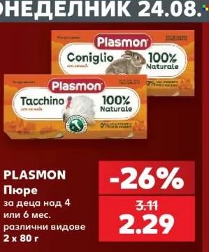 PLASMON Пюре за деца над 4 или 6 мес. различни видове 2 x 80 г