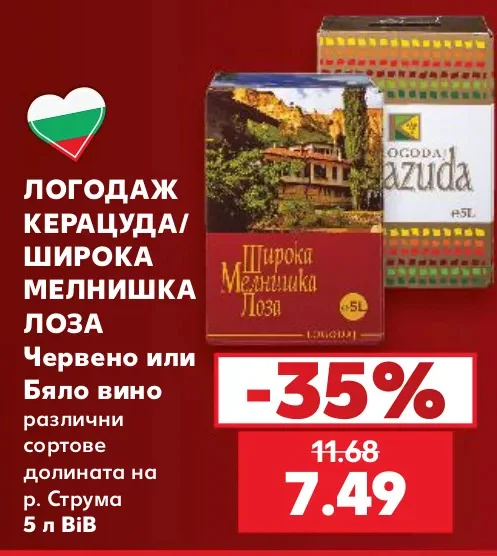 ЛОГОДАЖ КЕРАЦУДА/ ШИРОКА МЕЛНИШКА ЛОЗА Червено или Бяло вино различни сортове долината на р. Струма 5 л