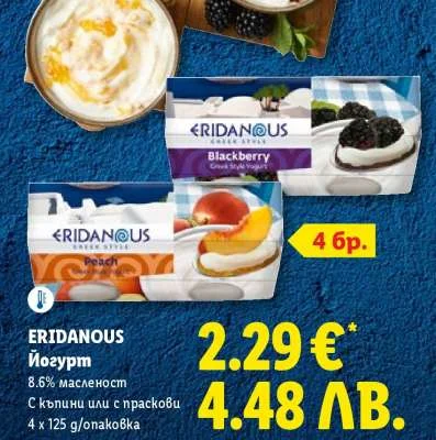 ERIDANOUS Йогурт 8.6% масленост с къпини или с праскови 4 x 125 g