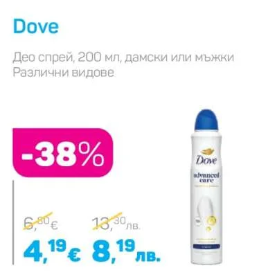 Dove Део спрей, дамски или мъжки Различни видове 200 мл