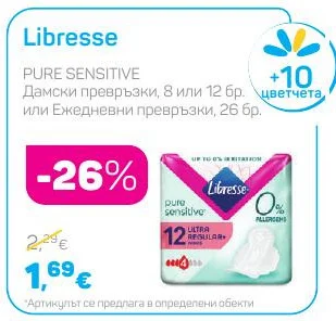 Libresse PURE SENSITIVE Дамски превръзки, 8 или 12 бр. или Ежедневни превръзки, 26 бр.