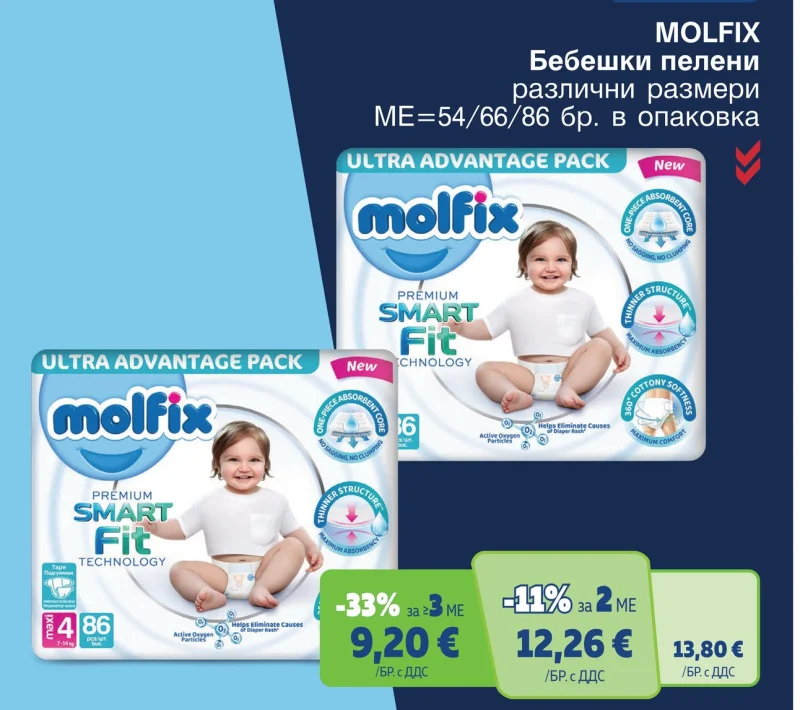 Molfix Бебешки пелени различни размери 54/66/86 бр. в опаковка