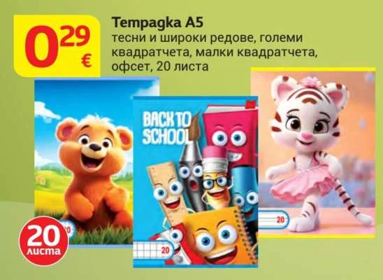 Тетрадка А5 тесни и широки редове, големи квадратчета, малки квадратчета, офсет 20 листа