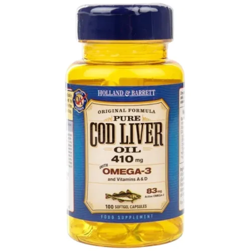 Pure Cod Liver Oil 410 mg / with Vitamin A & D / 100 Гел капсули, 100 дози - Holland And Barrett