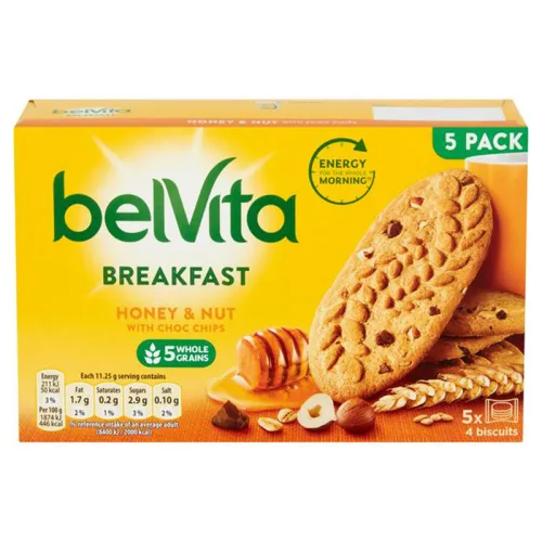 Пълнозърнести бисквити Belvita с мед,  лешници и парченца шоколад 225гр. - Belvita