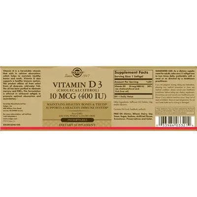 Витамин D3 (Холекалциферол) 10 мкг (400 IU) / Vitamin D3 (Cholecalciferol) 10 mcg (400 IU) - Solgar
