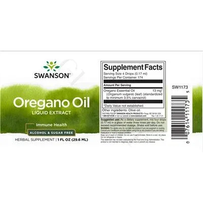 Течен екстракт от риган без алкохол и захар / Oregano Oil Liquid Extract Alcohol & Sugar Free - Swanson