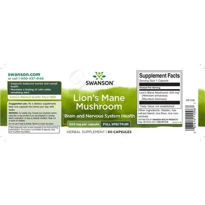 Гъба Лъвска грива 500 мг / Lion's Mane Mushroom 500 mg - Swanson